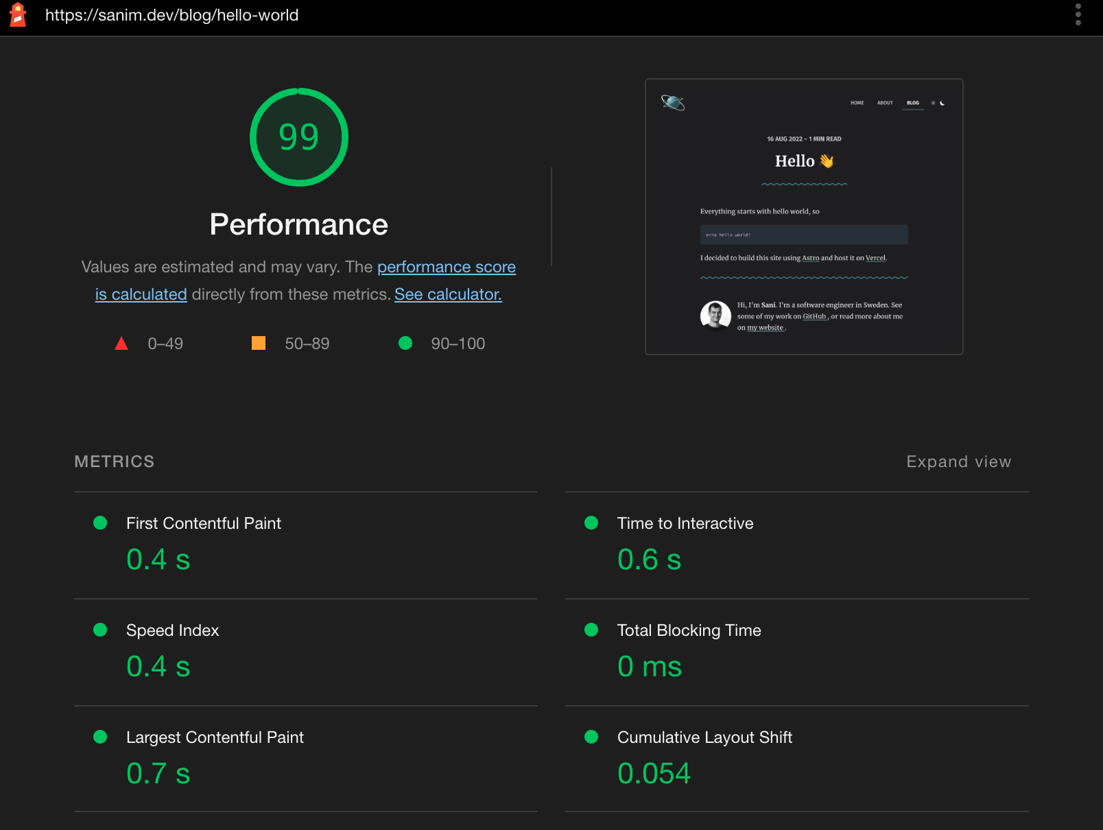 Page performance in lighthouse
